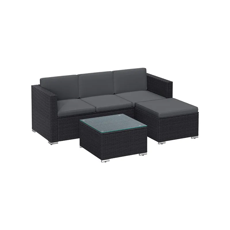 Gartenmöbel-Set mit Kissen und Glastisch schwarz-grau