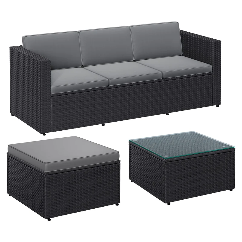 Gartenmöbel-Set mit Kissen und Glastisch schwarz-grau