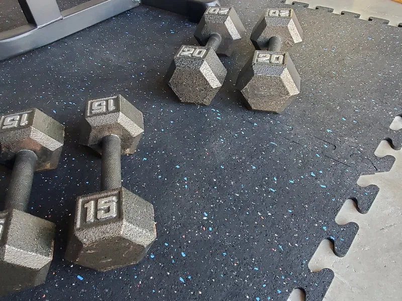 Interlocking Rubber Gym Tiles - Confetti Black, Recycled Rubber, Shock-Absorbing, Made In USA