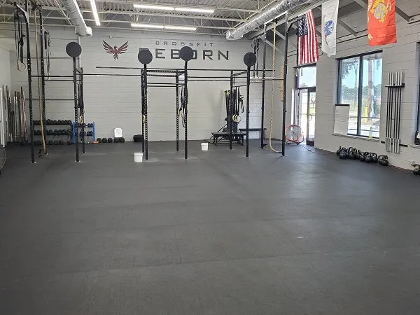 Rubber Gym Flooring Rolls - Crossfit Black, 48-Inch Wide, Recycled USA-Made, Slip-Resistant