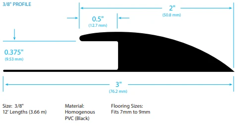 3/8-Inch Vinyl Transition Strip Reducer, 3-Inch Gradual Slope, 12-Ft Black Heavy-Duty