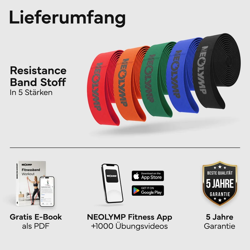 Resistance Bands aus Stoff - extra lang, 5 Stärken
