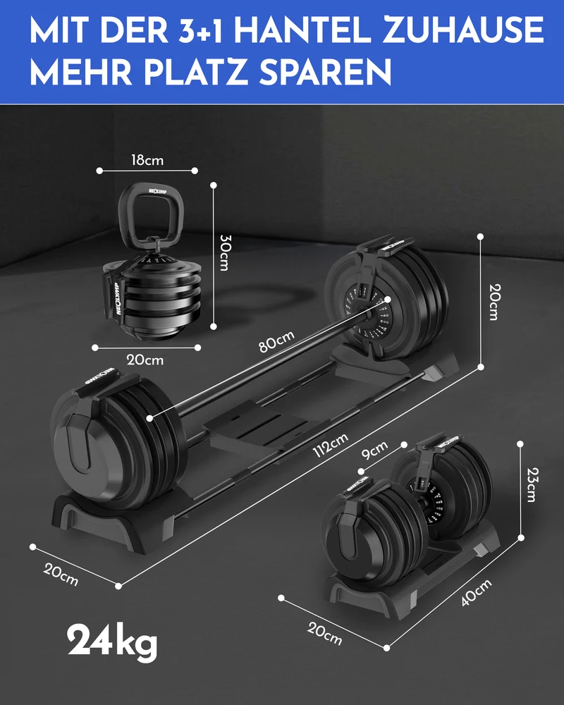 3-in-1 Hantelset zum Verstellen 24kg