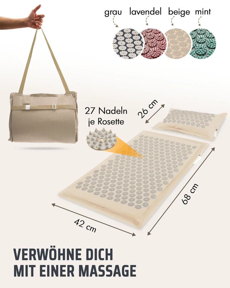 Akupressurmatte mit Kissen inkl. Stuhlbefestigung & Tragefunktion – Beige-Grau (B‑Ware)