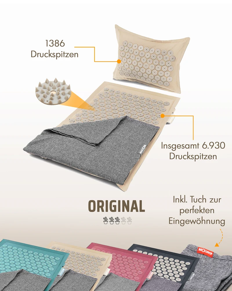 Akupressurmatte mit Kissen inkl. Stuhlbefestigung & Tragefunktion – Beige-Grau (B‑Ware)