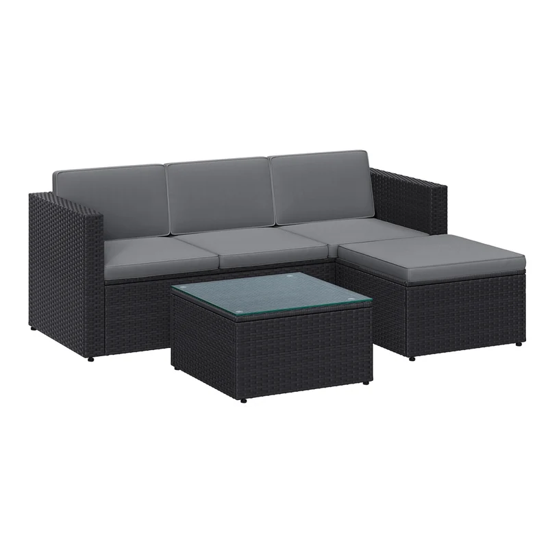 Gartenmöbel-Set mit Kissen und Glastisch schwarz-grau
