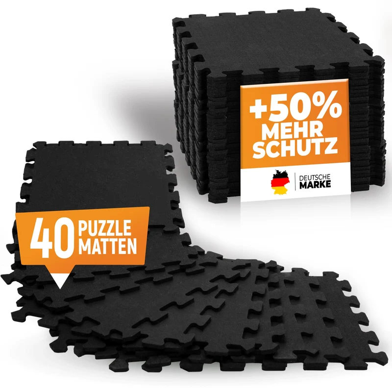 Robuste Bodenschutzmatte in Schwarz (Fitness Puzzelmatte) – 5x 8 Stück (40 Stück) (B‑Ware)