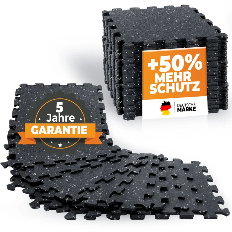 Robuste Bodenschutzmatte schwarz/grau gesprenkelt (Fitness Puzzlematte) – 1 x 8 Stück (8 Stück) (B‑Ware)