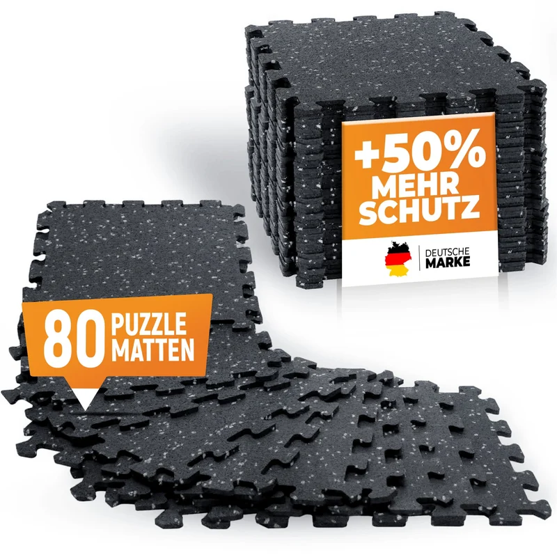 Robuste Bodenschutzmatte schwarz/grau gesprenkelt (Fitness Puzzlematte) – 10 x 8 Matten (80 Stück) (B‑Ware)