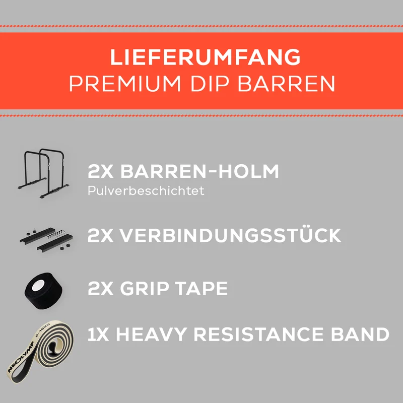 Premium Dip Barren pulverbeschichtet + Resistance-Band und Grip Tape