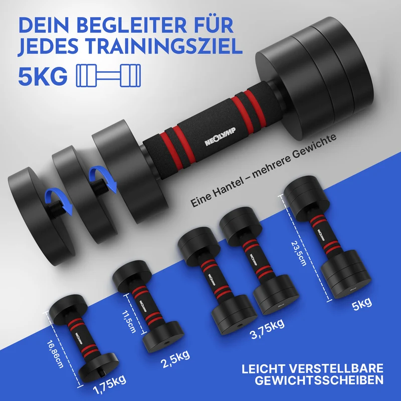 Verstellbare Chrome-Kurzhanteln in schwarz - 5 & 10kg (4er Set Kurzhanteln)