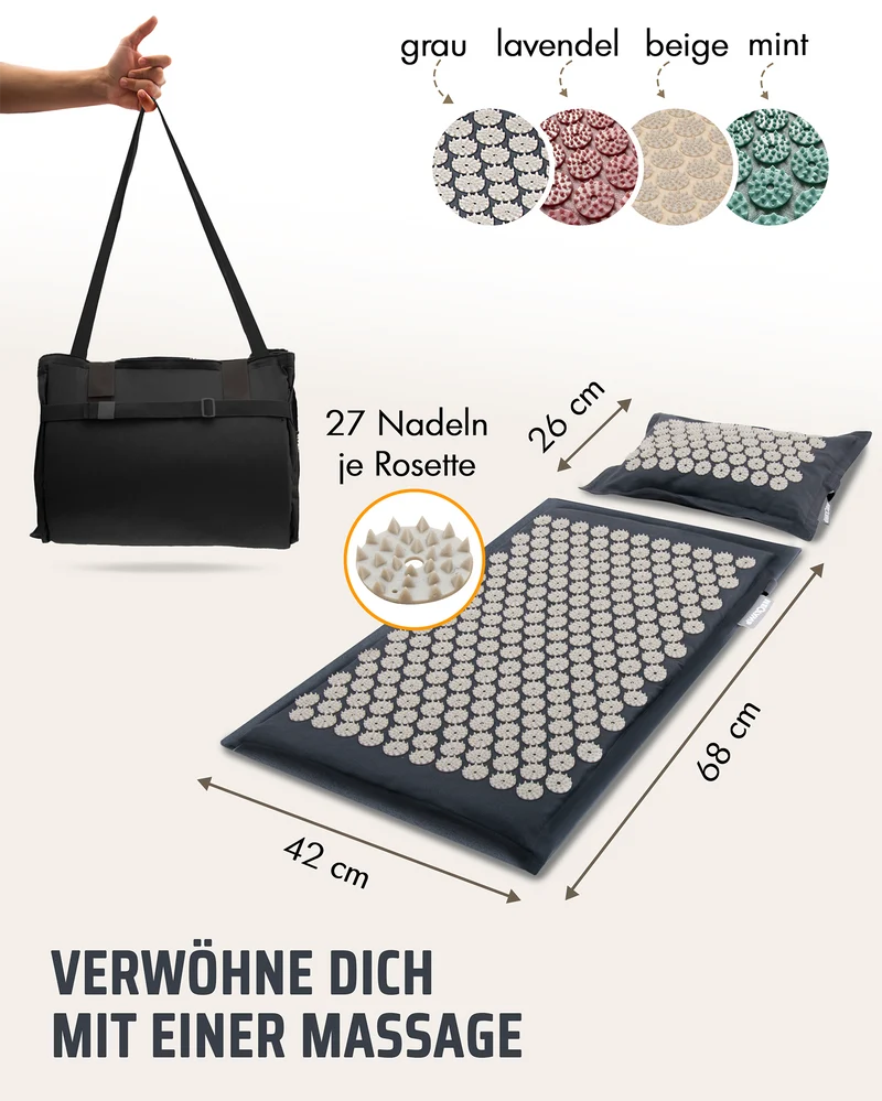 Akupressurmatte mit Kissen inkl. Stuhlbefestigung & Tragefunktion