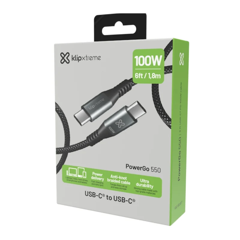 Klip Xtreme Cable USB 2.0 Tipo C a Tipo C 100 W 1.8 Metros, KAC-550-6FT