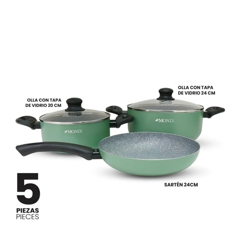 Monix Juego de Ollas Clásica Mármol Verde, 5 Piezas