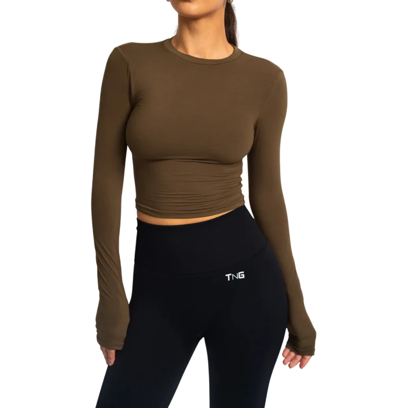 TNG Top Deportivo Manga Larga Minimal Café, para Mujer