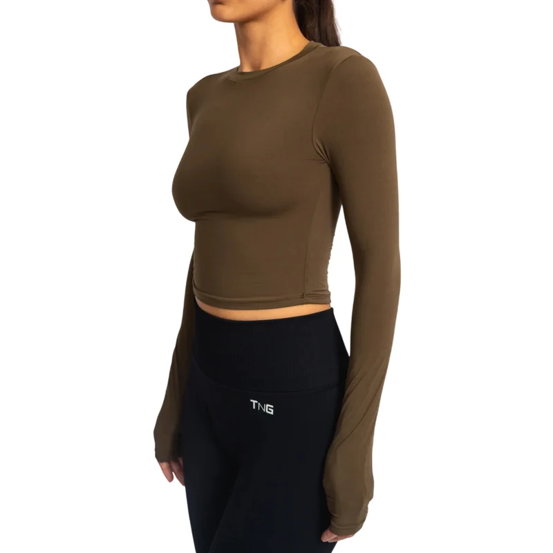 TNG Top Deportivo Manga Larga Minimal Café, para Mujer