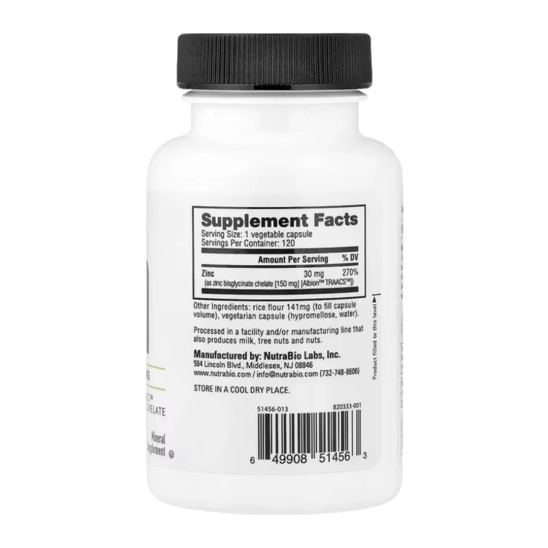 NutraBio Suplemento Alimenticio Quelato de Zinc, 120 Cápsulas