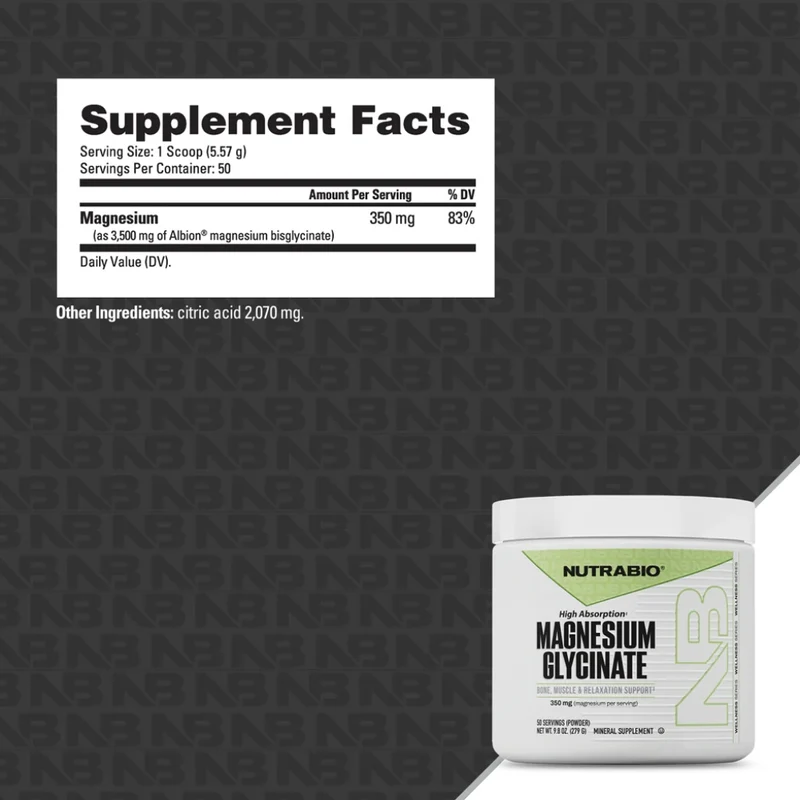 NutraBio Suplemento Alimenticio Glicinato de Magnesio en Polvo, 50 Servicios