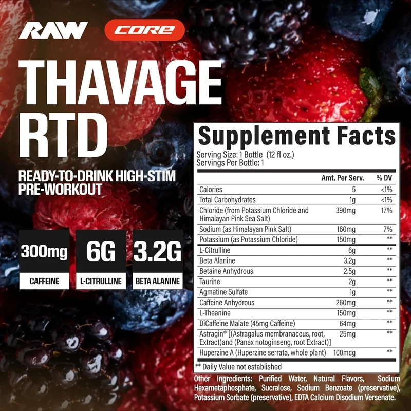 RAW Nutrition Suplemento Deportivo Bebida Pre-Working Bum Thavage 357 ml, 12 Unidades