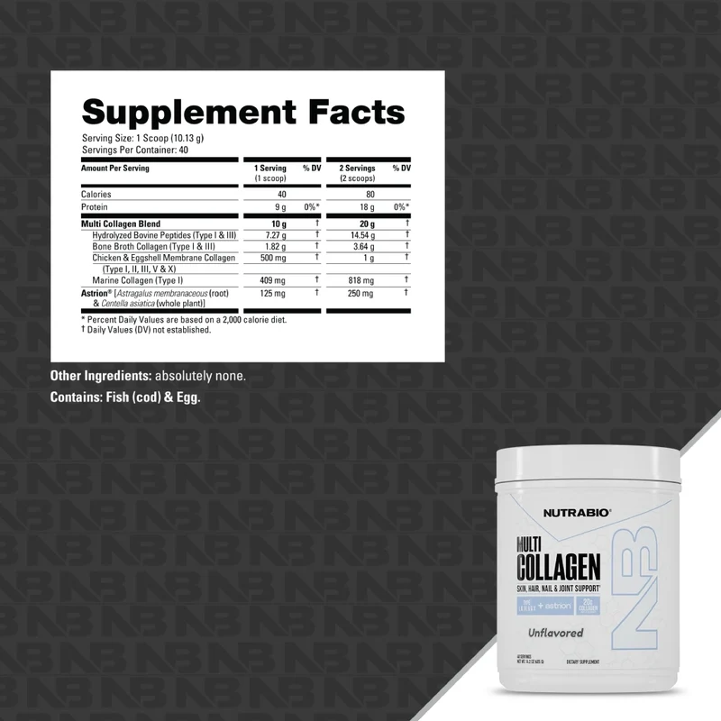 NutraBio Suplemento Alimenticio Multi Colágeno, 40 Porciones