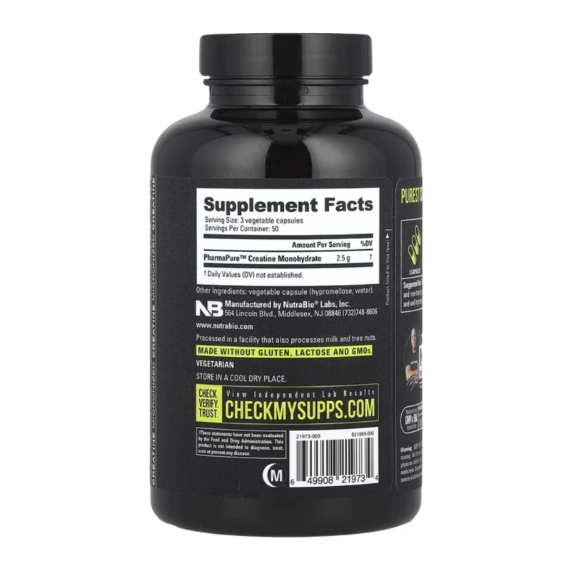 NutraBio Suplemento Alimenticio Creatina Monohidratada, 150 Cápsulas
