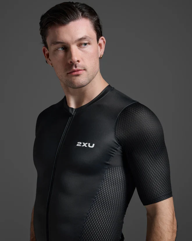 2XU Aero Hex Tri Sleeved Top, Herren, Black/White