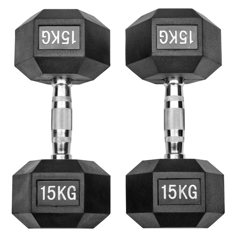 Gummierte Hexagon Hanteln mit verchromten Griffen