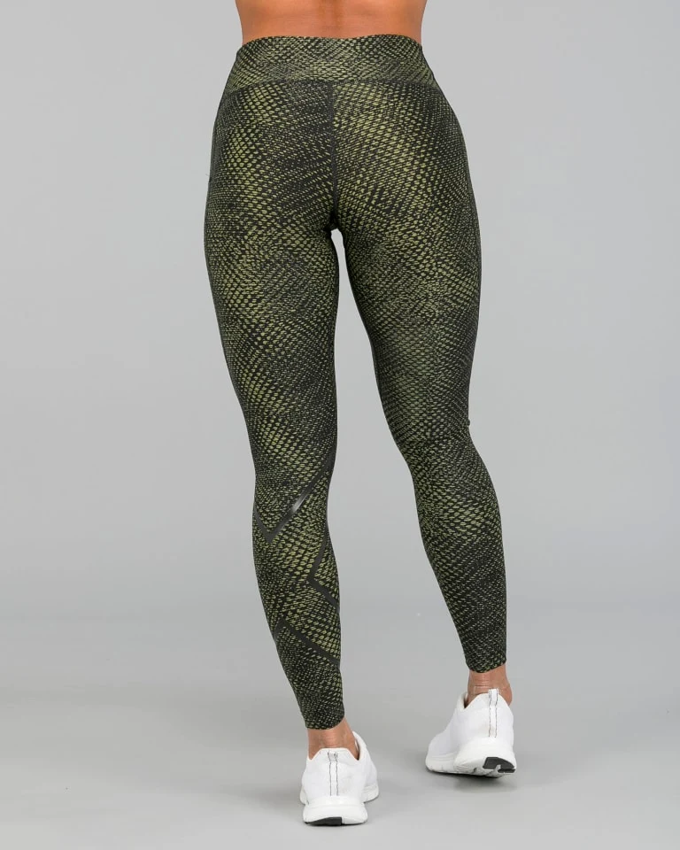 2XU Print Mid-Rise Comp 7/8 Tights, Damen, Laufhose, Remesh Olive/Black