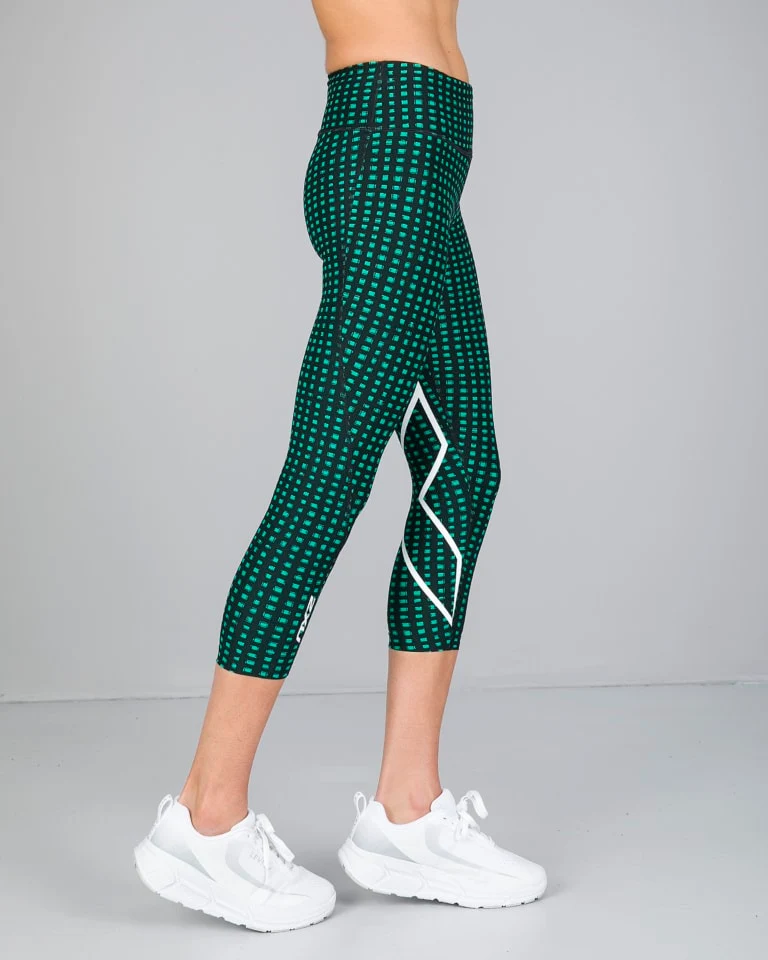 2XU Print Mid-Rise Comp 7/8 Tights, Damen, Laufhose, Green Cuboid /White