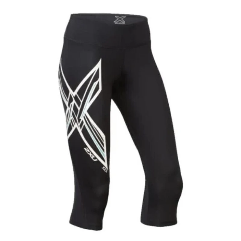2XU ICE X Mid-Rise Compression 3/4 Tights, Damen, Laufhose, Black/Metallic White Azur
