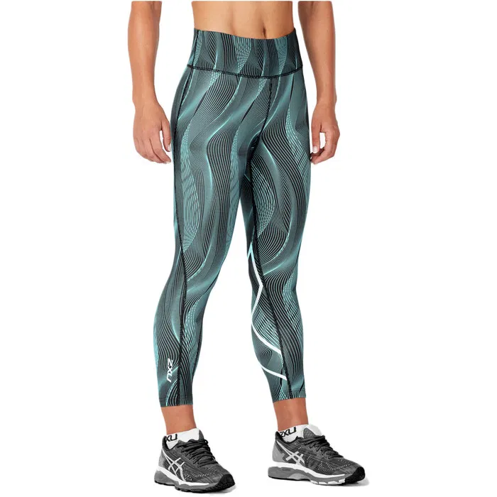 2XU Print Mid-Rise Comp 7/8 Tights, Damen, Laufhose, Aruba Blue Camo/white