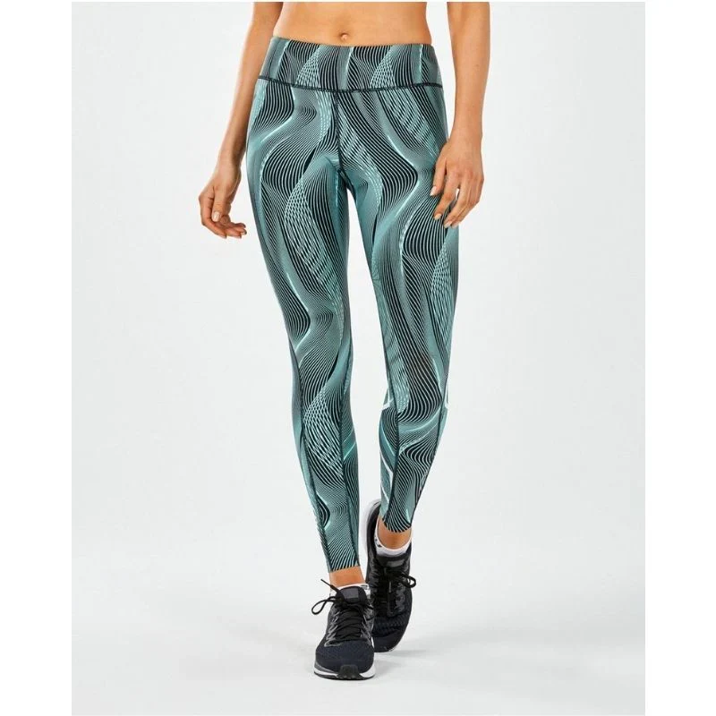 2XU Print Mid-Rise Comp Tights, Damen, Laufhose, Aruba Blue Camo/White