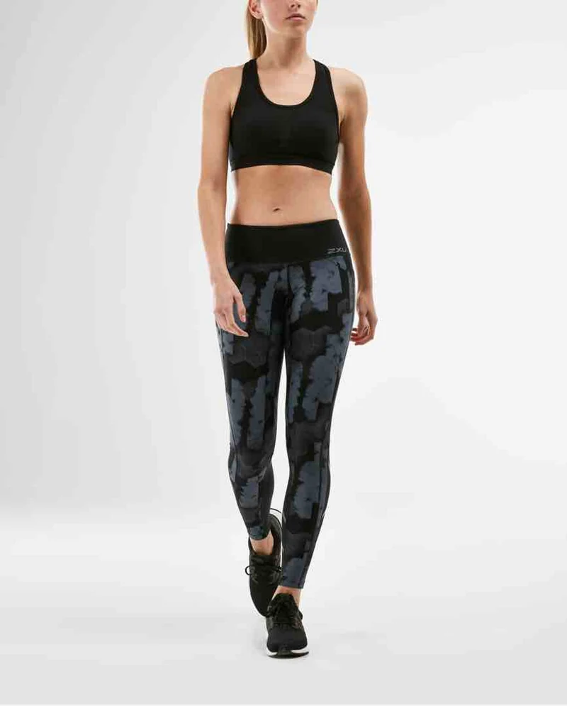 2XU Print Mid-Rise Pocket Compression Tights, Damen, Laufhose, Geo Stripe/Turbulence