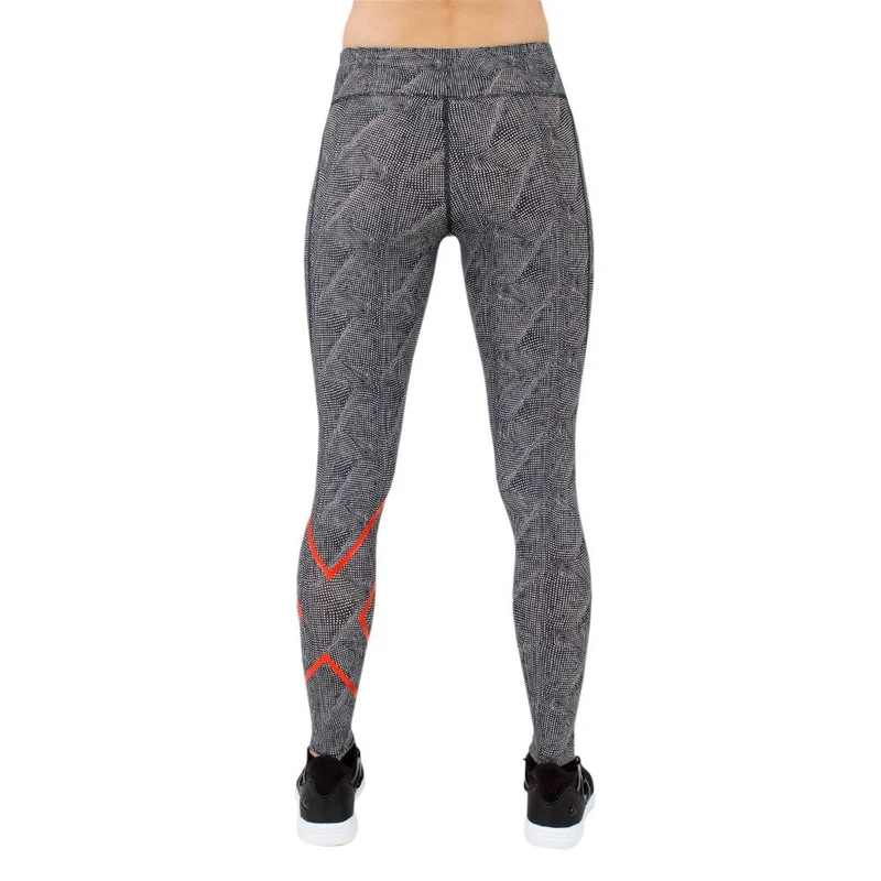 2XU Print Mid-Rise Comp Tights, Damen, Laufhose, Dark Dot White /Cherry
