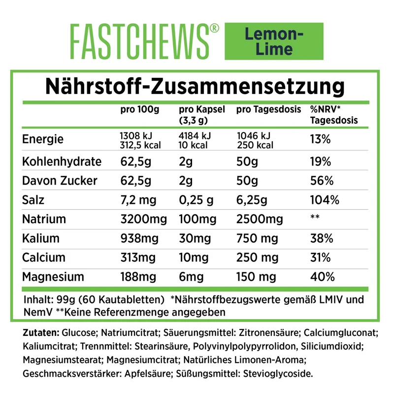 SaltStick FastChews Lemon Lime, Elektrolyt-Kautabletten, 60 Stück, 96 g
