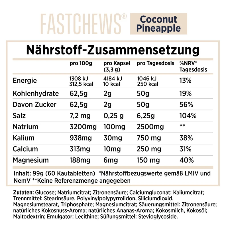 SaltStick FastChews Coconut Pineapple, Elektrolyt-Kautabletten, 60 Stück, 96 g