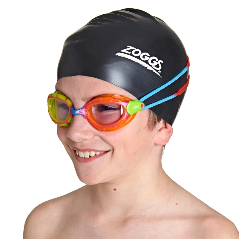 Zoggs Predator Junior, Schwimmbrille, klare Gläser, green & orange/red & blue/clear, gelb/rot/orange